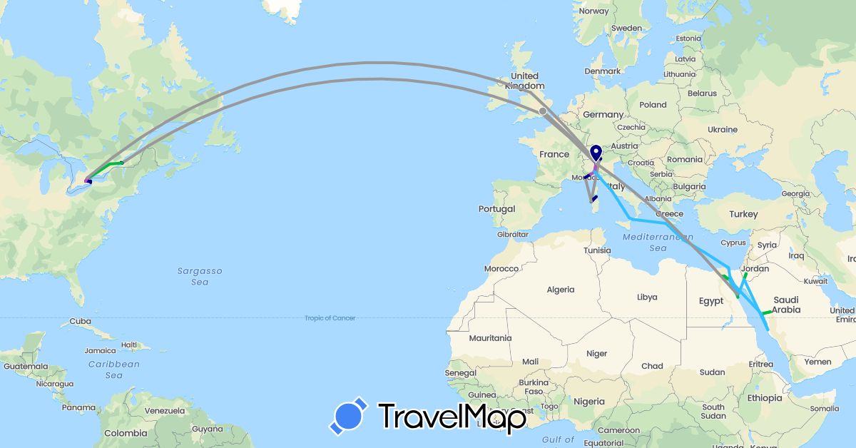 TravelMap itinerary: driving, bus, plane, train, boat in Canada, Egypt, France, United Kingdom, Greece, Italy, Jordan, Saudi Arabia, United States (Africa, Asia, Europe, North America)